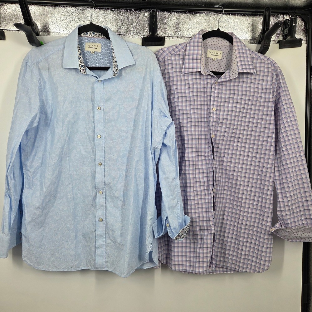 LOT 2 Ted Baker Endurance SZ 17 34/35 Blue Floral Purple Gingham Flip Cuff